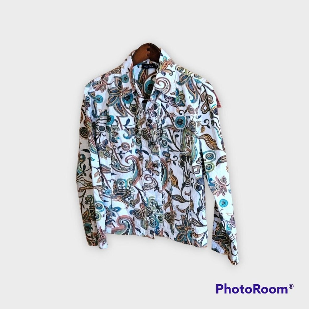 West End Women's Denim White Multicolor Paisley Jacket Size Medium Pocket Accent